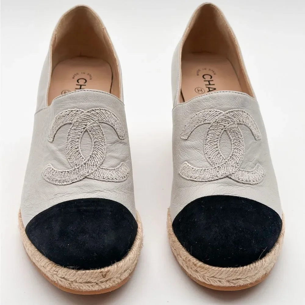 CHANEL CC Logo Cap Toe Lambskin Suede Espadrille Wedges Espadrilles EU 42 - Picture 8 of 13